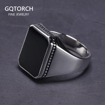 Real Solid 925 Sterling Silver Ring Simple For Men With Black Square Flat Gel St - £37.52 GBP
