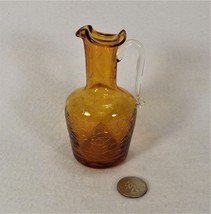 Vintage Miniature Hand Blown Pitcher Crackle Glass Amber 4 3/4&quot; Art Glass Lovely - £3.58 GBP