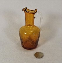 Vintage Miniature Hand Blown Pitcher Crackle Glass Amber 4 3/4&quot; Art Glas... - £3.54 GBP