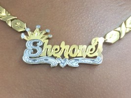 14k Gold Overlay Double Name Plate Necklace xoxo chain 3D Personalized /crown - $69.99