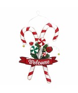 Candy Cane Welcome Sign Door Hanger 24&quot; High Metal Christmas Bells Red W... - £48.70 GBP