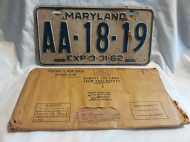 Vtg License Plate Maryland Vehicle Tag AA-18-19 Exp 3-31-62 In Paper DMV... - $29.95