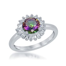 Sterling Silver Round Rainbow CZ with Baguette Border Ring - £38.72 GBP