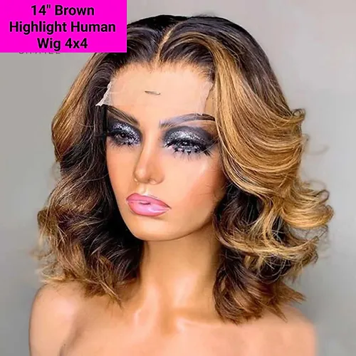 14&quot; Brown Highlight HUMAN 4x4 Wig - £170.90 GBP