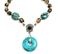 Artisan Smoky Quartz Dyed Turquoise Howlite Genuine Pearl BOHO Necklace 22 in - £23.30 GBP