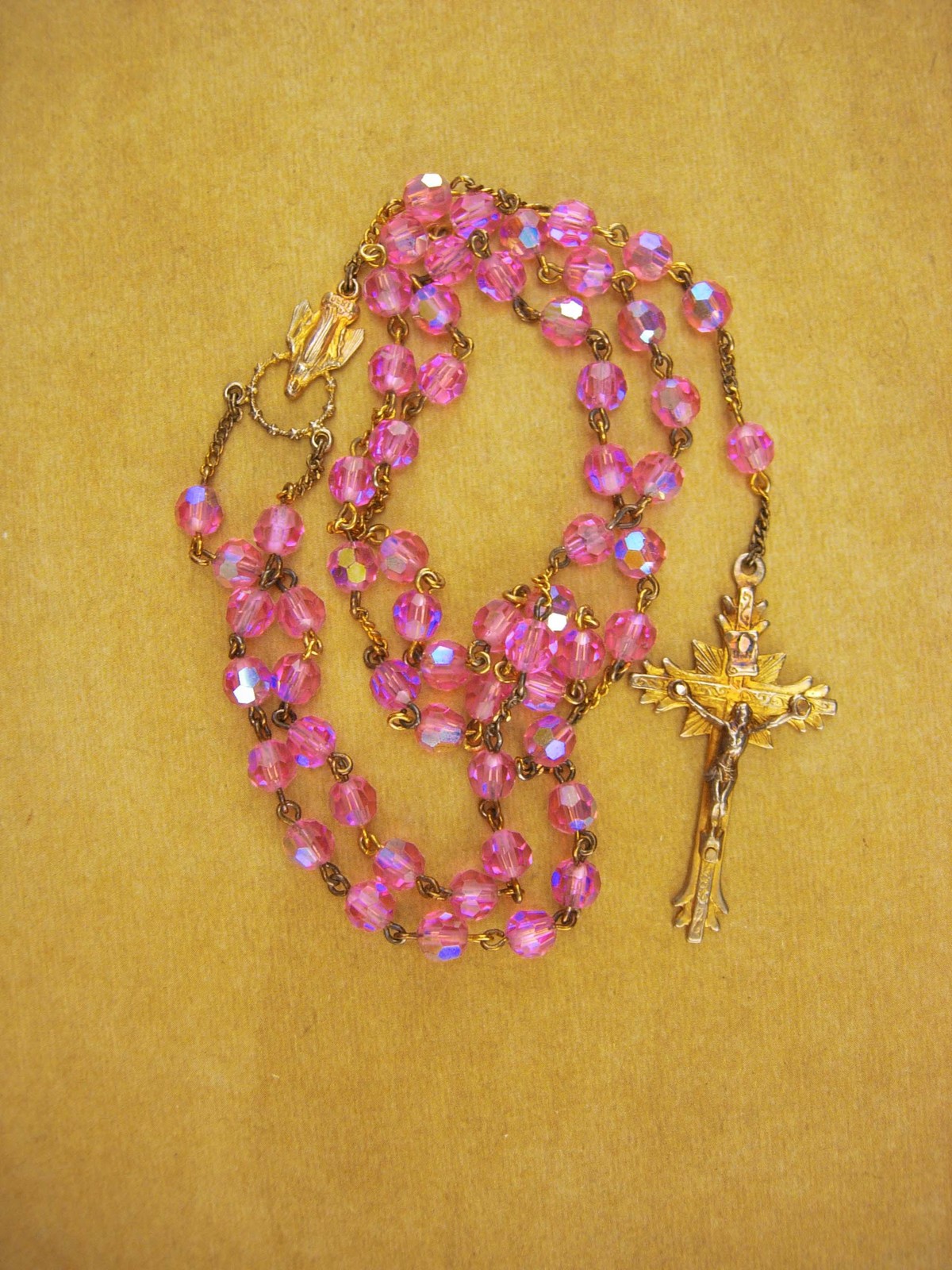 Vintage 1950's Glass sterling Rosary - Italy pink aurora borealis beads - Roma c - $125.00