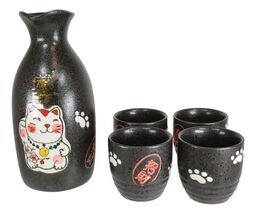 Japanese Maneki Neko Lucky Charm Cat Ceramic Black Sake Set Flask With F... - $25.99