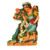Vintage Valentine Die Cut Stand Up Boy &amp; Dog Heart Rose Bush 1920s-30s Germany - £7.98 GBP