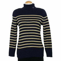 RALPH LAUREN Navy Blue Gold Metallic Stripe Cotton Blend Logo Ribbed Swe... - £36.91 GBP