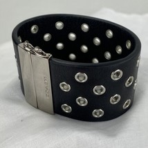 Coach Black Leather Grommet Bracelet Wide Hinged Silver  F99991 J4 - £42.03 GBP