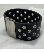 Coach Black Leather Grommet Bracelet Wide Hinged Silver  F99991 J4 - £42.06 GBP