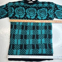 Vintage Sweater Robin Ross 80s Medium Colorful Teal Black Floral Tunic Jumper - £27.96 GBP