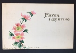Hand Painted Antique Easter Greeting Card Pre 1920 Pink Flowers Art Deco PC - £7.83 GBP