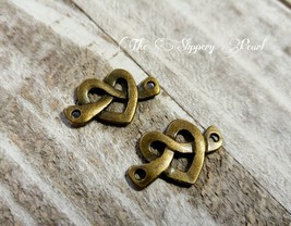 6 Heart Pendants Connectors Antiqued Bronze Knot Charm Links 2 Holes - £1.96 GBP