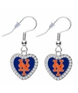 NEW* NEW YORK METS CRYSTAL HEART SILVER EARRINGS WOMENS DROP DANGLE MLB - €15,44 EUR