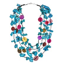 Chunky Statement Blue Coco Palm Wood with Colorful Shell Layer Necklace - £8.27 GBP
