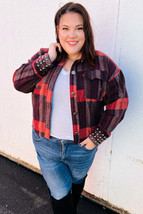 City Streets Burgundy &amp; Rust Plaid Studded Cropped Jacket - £27.35 GBP