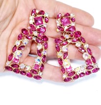 Clip On Drop Earrings, Rhinestone Crystal Earrings, 2.5-inch Hot Pink Chandelier - £29.14 GBP