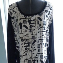 Women&#39;s Style And Co. Black And White L/S Top Sewing Theme Size Large - £9.74 GBP