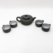 Vintage Chinese Pottery Yixing Zini Teapot Set With 4 Cups Brown &amp; Green Signed - $74.22