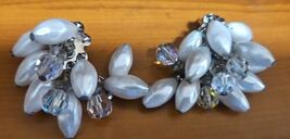 Vintage Clip On Earrings Crystal And Milky White Tear Drop Clusters - $13.36