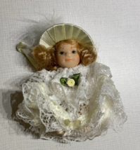 Vintage Brunette Small Porcelain Doll White Hat Dress Pantaloons Jointed Body - £13.63 GBP