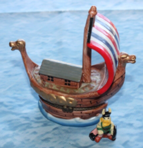 D.N.&amp; E.I. Viking Ship Porcelain Trinket Box With Viking Figure - $17.75