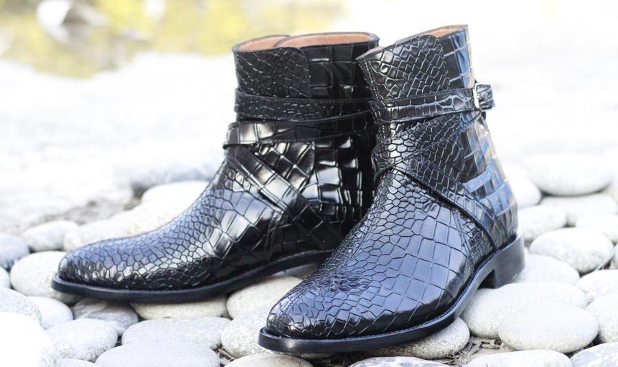 Handmade Men's Black Alligator Textured Leather Jodhpur Boots, Men Ankle Boots