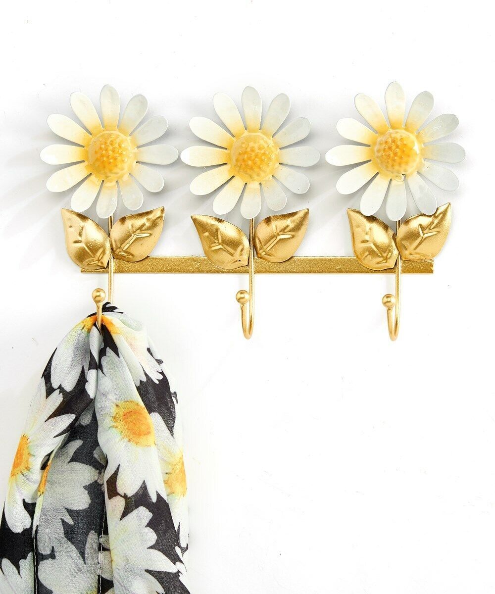 Triple Hook Daisy Wall Hooks Flower Design Yellow White 10" Long Metal Summer - $23.76