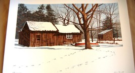 Helen Rundell Plate Sign/#d Litho &quot;Wolf Tracks&quot; Snowy tracked barn in country - $29.70