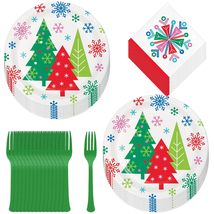 Modern Christmas Holiday Party - Multicolor Trees Paper Dessert Plates, Snowflak - £13.65 GBP