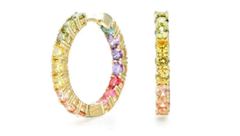 ADIRFINE 18K Gold Plated Rainbow Colored Cubic Zirconia In and Out Huggie Hoop E - £35.41 GBP