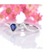 Vintage Blue Sapphire Engagement Ring Set 18K White Gold Pear Shape Curv... - £669.04 GBP