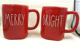 Rae Dunn Merry and Bright Christmas Mug Set of 2 Red White Letters by Ma... - £28.76 GBP