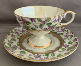 Vintage Lefton Violets Iridescent Gold Pedestal Tea Cup &amp; Saucer Hand Pa... - $15.00