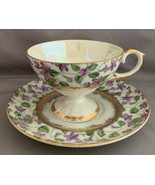 Vintage Lefton Violets Iridescent Gold Pedestal Tea Cup &amp; Saucer Hand Pa... - £11.85 GBP