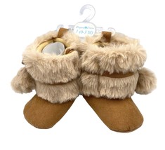 Stepping Stones Sz 1 (0-3mo)Brown Furry Baby Boots Moccasins Faux Suede Pom Poms - £13.22 GBP