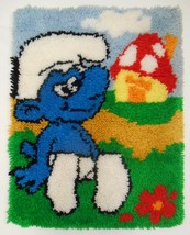 SMURFS LATCH HOOK RUG Vtg Completed Wall Art Hanging or Cushion Cover 18... - £101.93 GBP