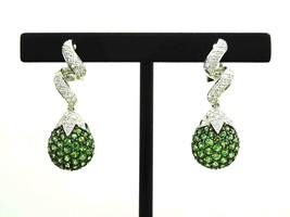 3.95ct tw Natural Green Tsavorite Pave &amp; Diamond Drop Earrings 18k White Gold - £6,046.23 GBP