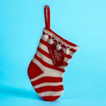 Cable Knit Mini Sweater Knit Christmas Stocking Red White Striped Pom Poms NEW - £6.15 GBP
