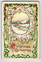 Christmas Postcard Scenic Country Cottage Ice Snow Embossed Greetings 1915 - £5.05 GBP