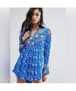 Free People Wildflower Fields Tunic Blouse Boho Blue Floral Bell Sleeve Size XS - $24.99