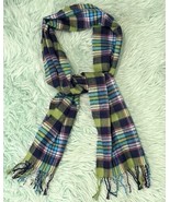Cashmere Winter Scarf Green Blue Plaid Fringe Made In Scotland 65 Inch - $752.67 MXN