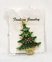 Christmas Rhinestone Decorated Tree Brooch Green Gold Tone 2&quot; Fashion Jewelry - £11.64 GBP