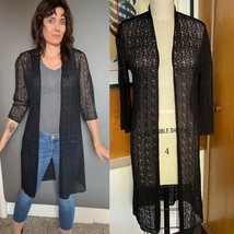 Eileen Fisher crochet long Cardigan Sz S Viscose black 3/4 Sleeve open front - £69.66 GBP