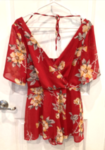 Charlotte Russe Romper Womens Small Red Floral Sheer Short Sleeve V Neck Dressy - $6.19