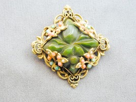 Vintage Deeply Carved &amp; Jeweled Ornate Gold Tone Pin - £23.48 GBP