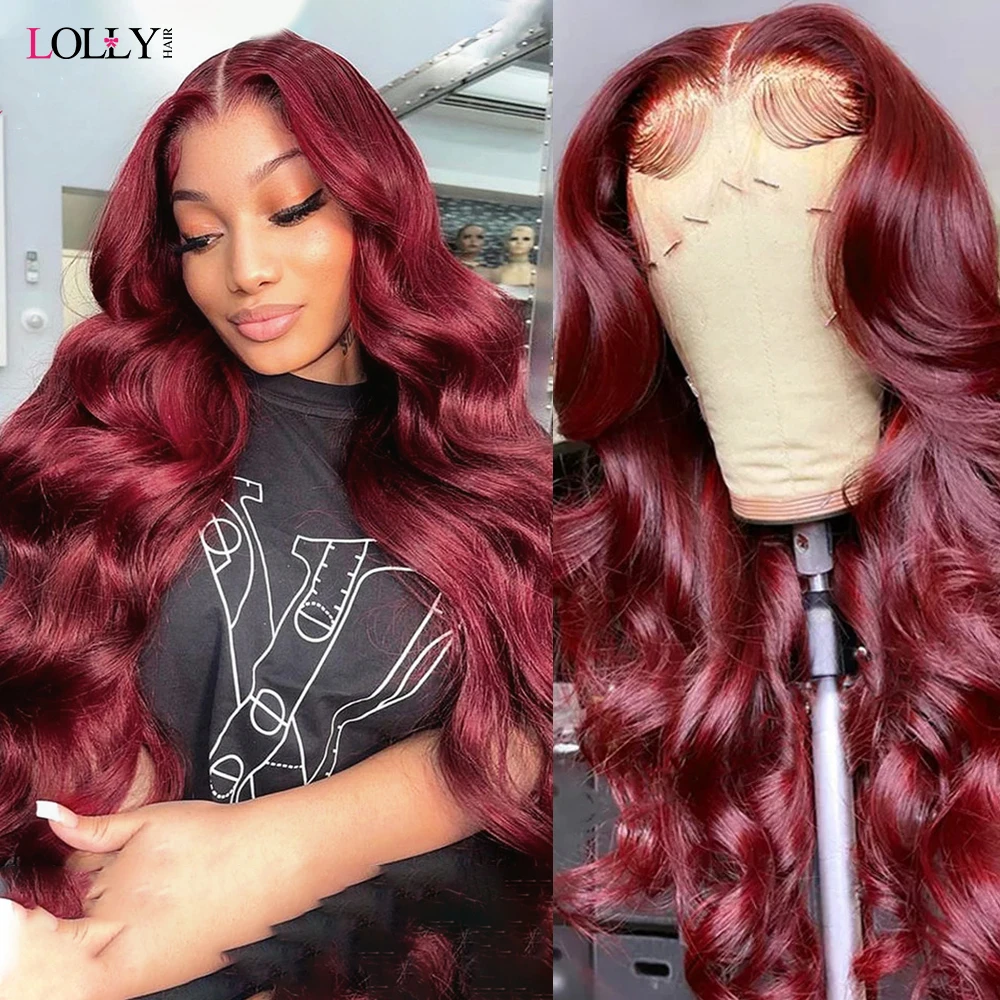 99J Burgundy Lace Front Wig Body Wave Lace Front Wig Colored Human Hair ... - £85.14 GBP+