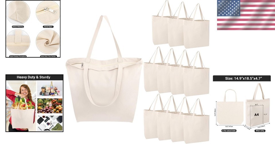 Natural Cotton Canvas Tote Bags - 12 Pack with Zipper, Perfect for DIY & Beach Item image 2
