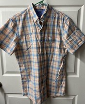 IZOD Short Sleeve Button Down Shirt Mens Medium Plaid Casual Camp Peach Blue - £10.32 GBP